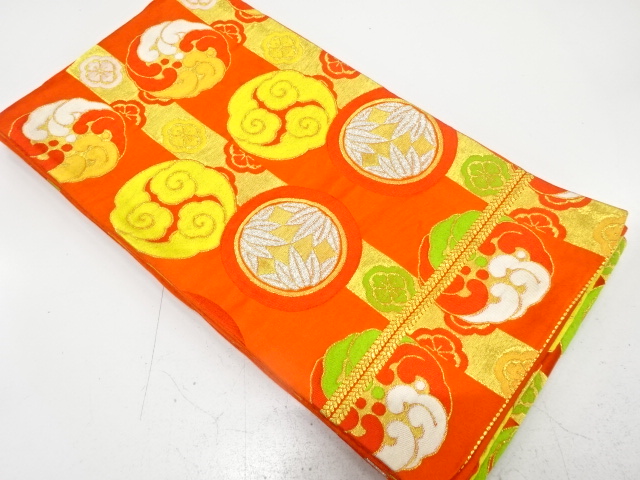 JAPANESE KIMONO / ANTIQUE OBI FOR KIDS / SILK / WOVEN ROUGH WAVE & BAMBOO GRASS & CLOUDS